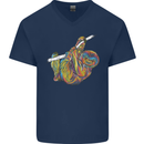 A Colourful Sloth on a Branch Mens V-Neck Cotton T-Shirt Navy Blue