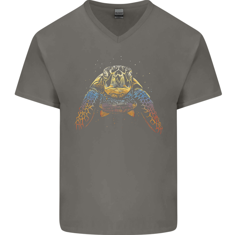 A Colourful Turtle Animals Ecology Ocean Mens V-Neck Cotton T-Shirt Charcoal