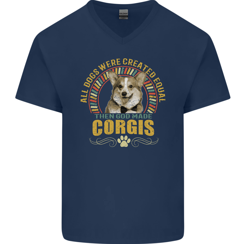 A Corgi Dog Mens V-Neck Cotton T-Shirt Navy Blue