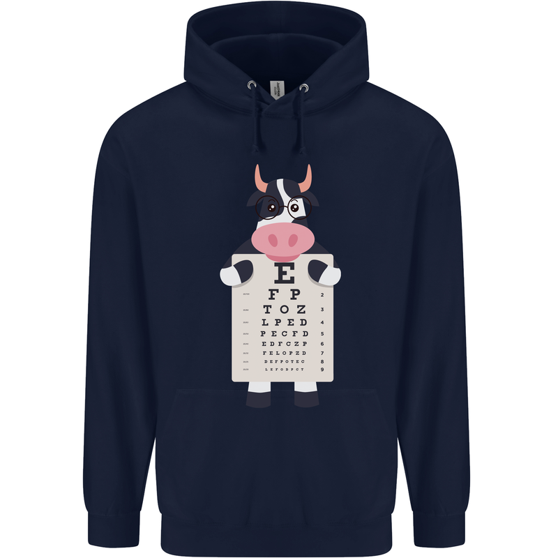 A Cow Holding a Snellen Eye Chart Glasses Childrens Kids Hoodie Navy Blue