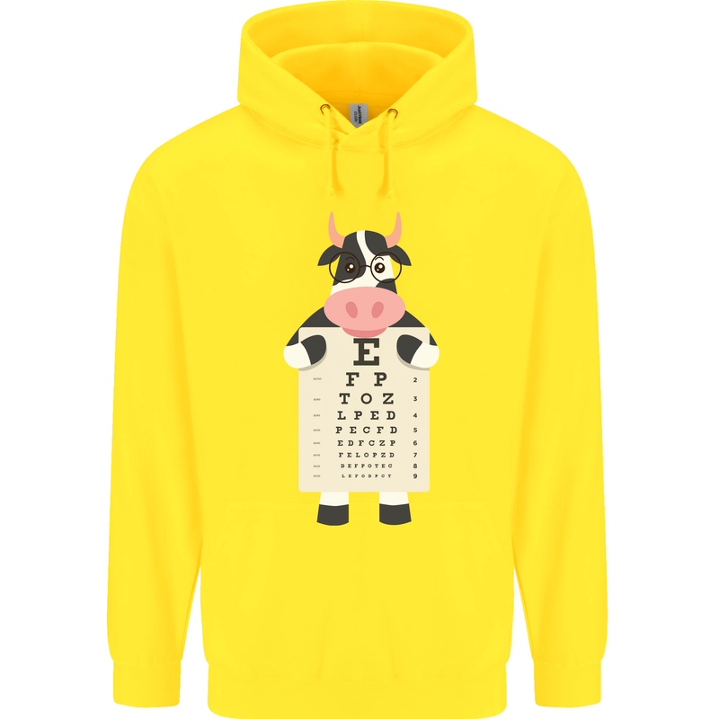 A Cow Holding a Snellen Eye Chart Glasses Childrens Kids Hoodie Yellow
