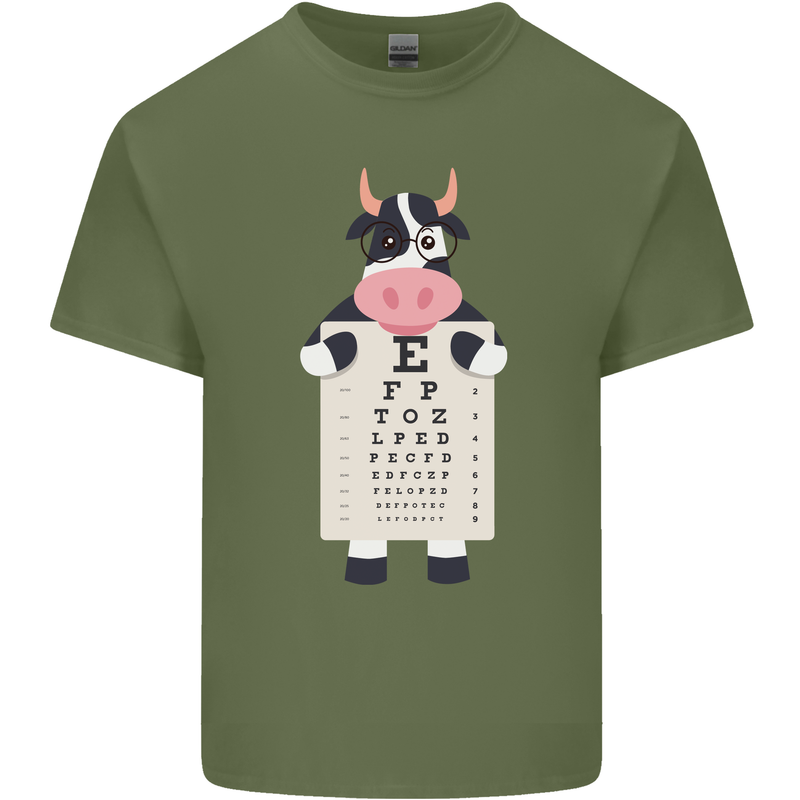 A Cow Holding a Snellen Eye Chart Glasses Mens Cotton T-Shirt Tee Top Military Green