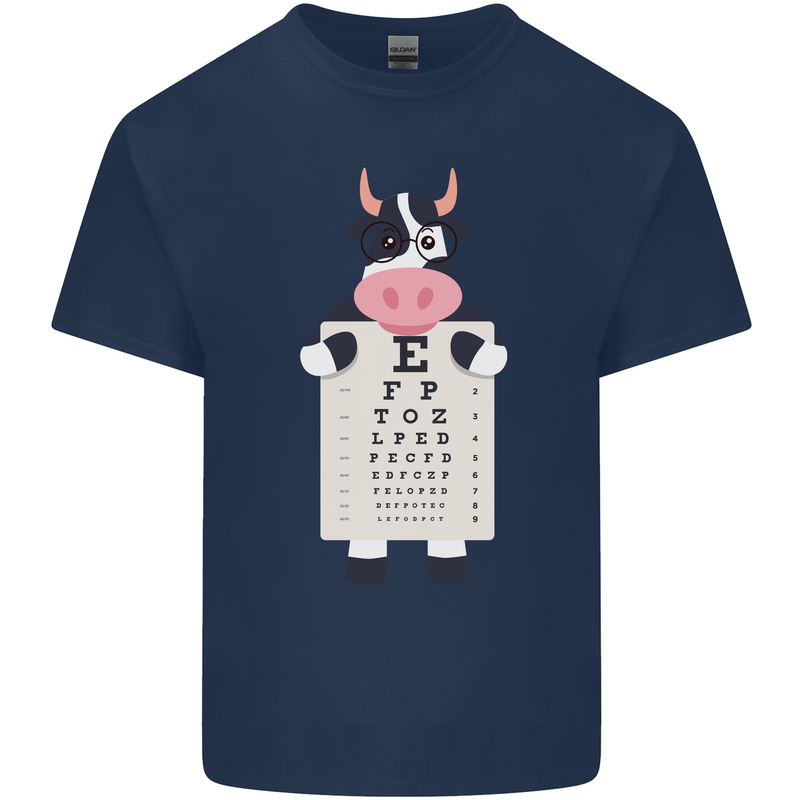 A Cow Holding a Snellen Eye Chart Glasses Mens Cotton T-Shirt Tee Top Navy Blue