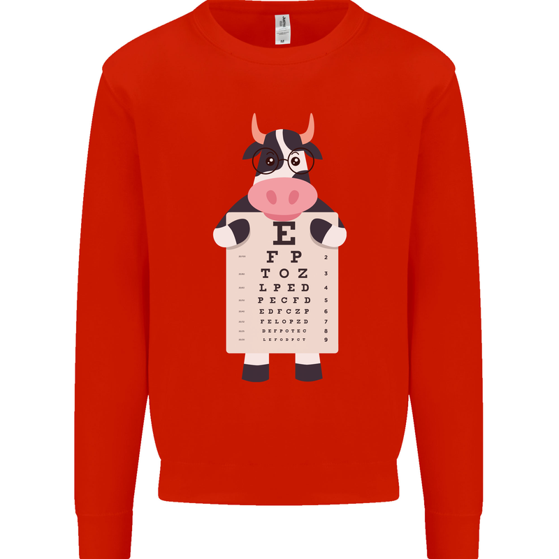 A Cow Holding a Snellen Eye Chart Glasses Mens Sweatshirt Jumper Bright Red