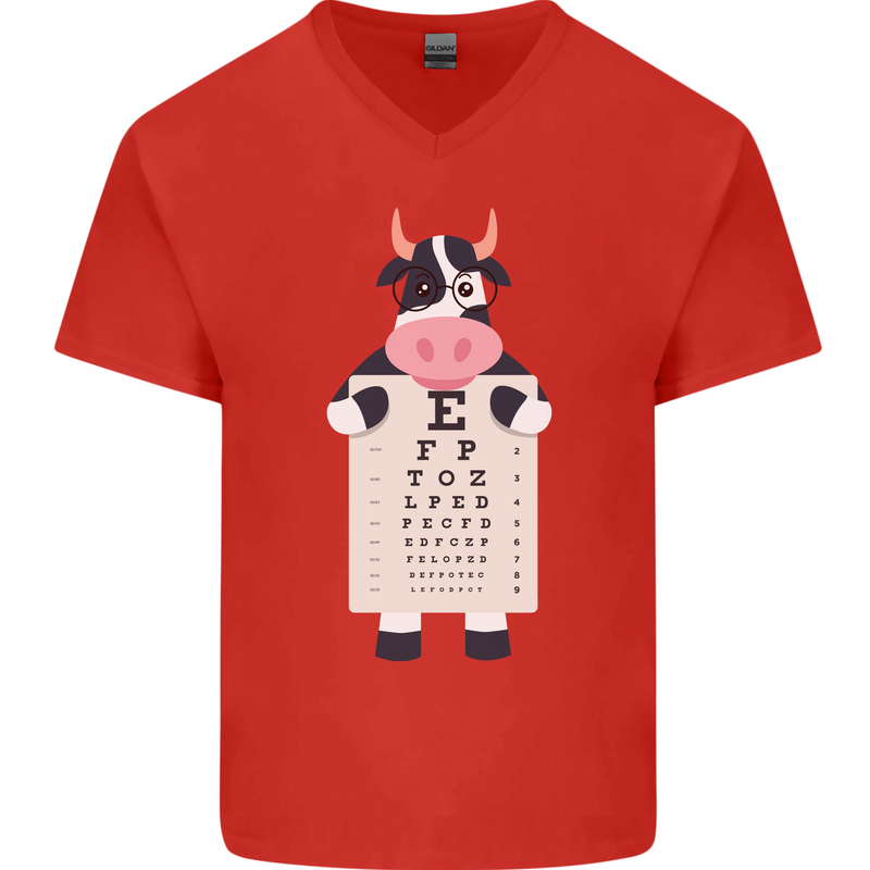 A Cow Holding a Snellen Eye Chart Glasses Mens V-Neck Cotton T-Shirt Red