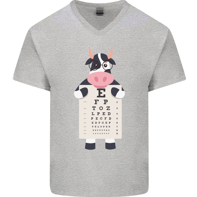 A Cow Holding a Snellen Eye Chart Glasses Mens V-Neck Cotton T-Shirt Sports Grey