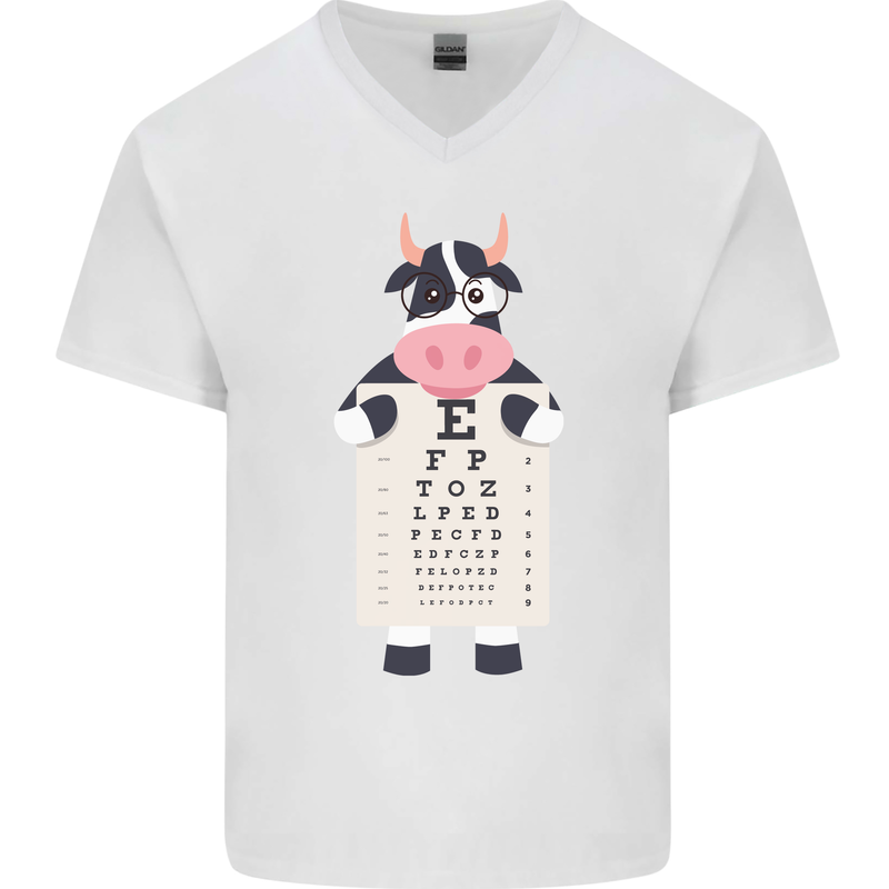 A Cow Holding a Snellen Eye Chart Glasses Mens V-Neck Cotton T-Shirt White
