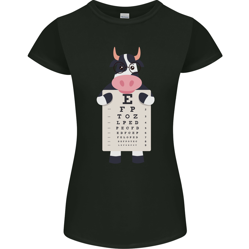 A Cow Holding a Snellen Eye Chart Glasses Womens Petite Cut T-Shirt Black