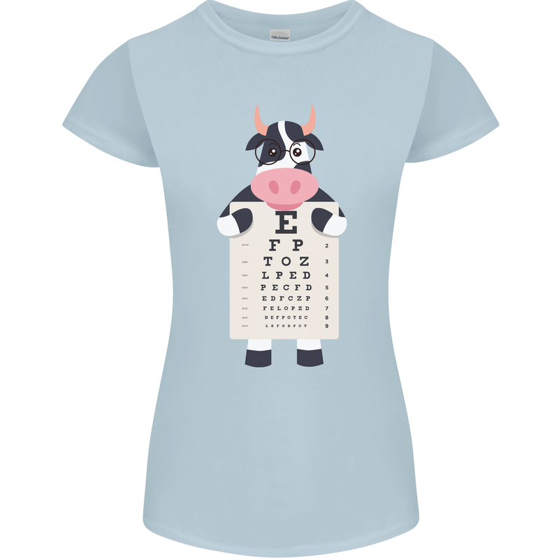 A Cow Holding a Snellen Eye Chart Glasses Womens Petite Cut T-Shirt Light Blue