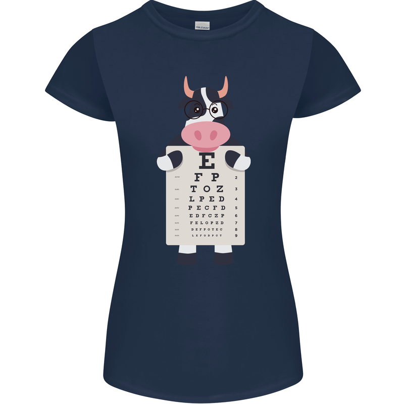 A Cow Holding a Snellen Eye Chart Glasses Womens Petite Cut T-Shirt Navy Blue