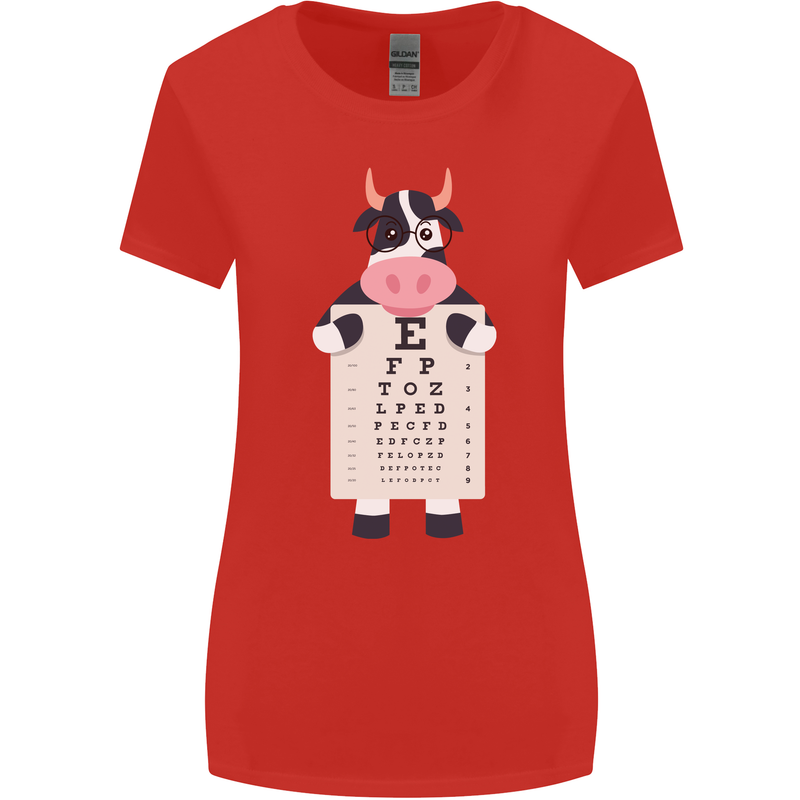 A Cow Holding a Snellen Eye Chart Glasses Womens Wider Cut T-Shirt Red