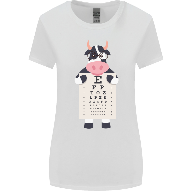 A Cow Holding a Snellen Eye Chart Glasses Womens Wider Cut T-Shirt White