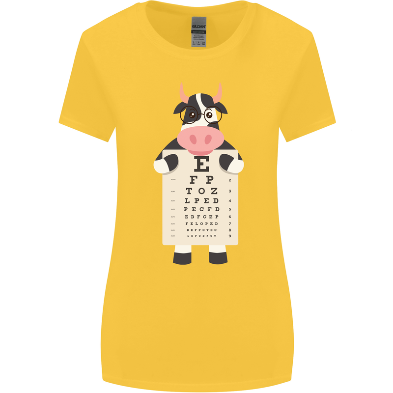 A Cow Holding a Snellen Eye Chart Glasses Womens Wider Cut T-Shirt Yellow