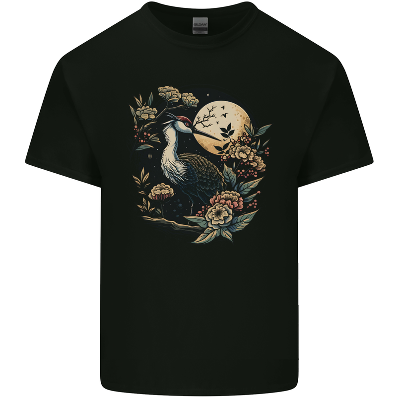 A Crane With Flowers and Moon Bird Kids T-Shirt Childrens Black