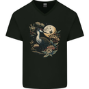 A Crane With Flowers and Moon Bird Mens V-Neck Cotton T-Shirt Black