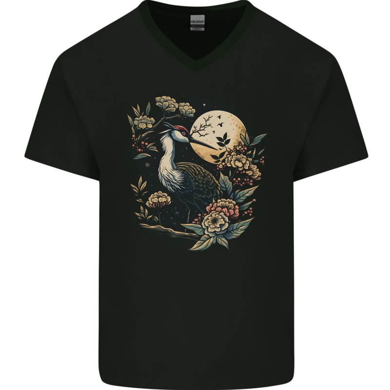 A Crane With Flowers and Moon Bird Mens V-Neck Cotton T-Shirt Black