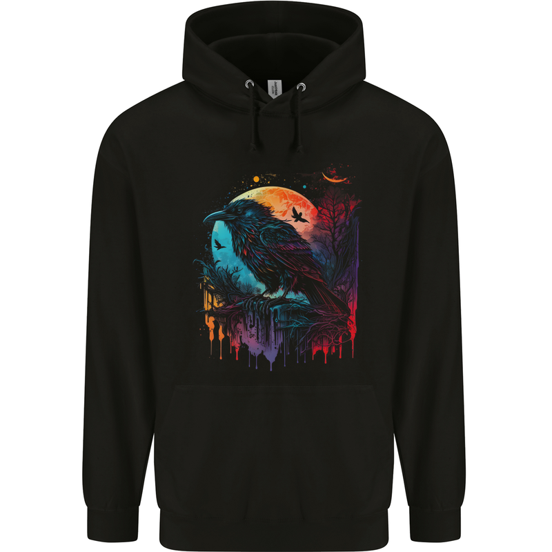 A Crow With a Fantasy Moon Mens 80% Cotton Hoodie Black