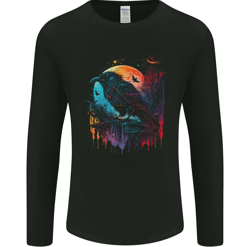 A Crow With a Fantasy Moon Mens Long Sleeve T-Shirt Black