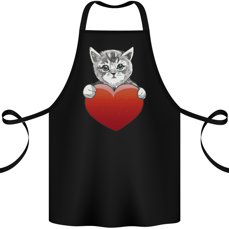 A Cute Cat With a Heart Love Valentines Day Cotton Apron 100% Organic Black