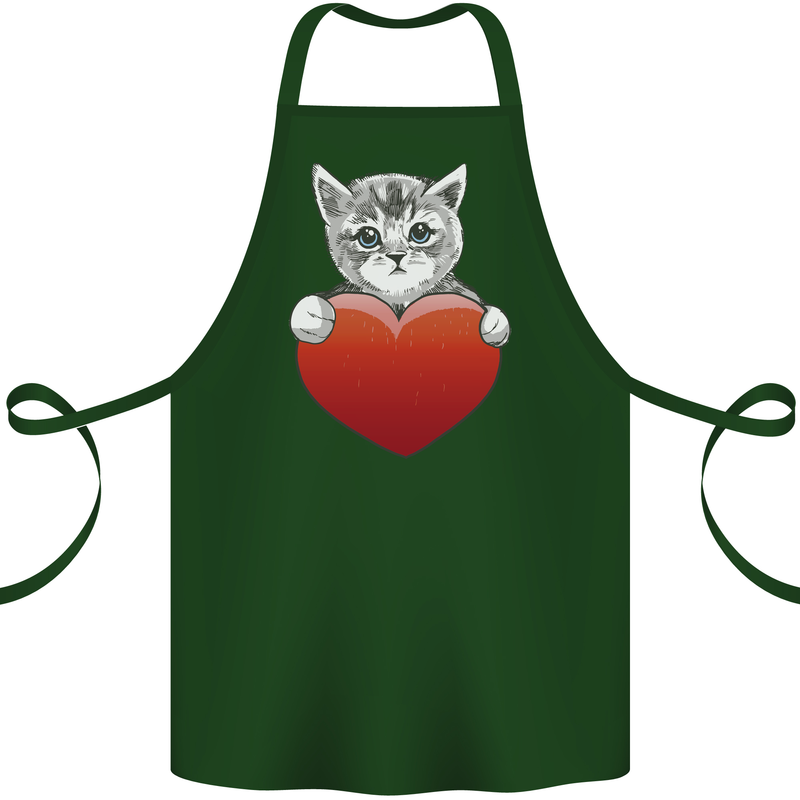 A Cute Cat With a Heart Love Valentines Day Cotton Apron 100% Organic Forest Green