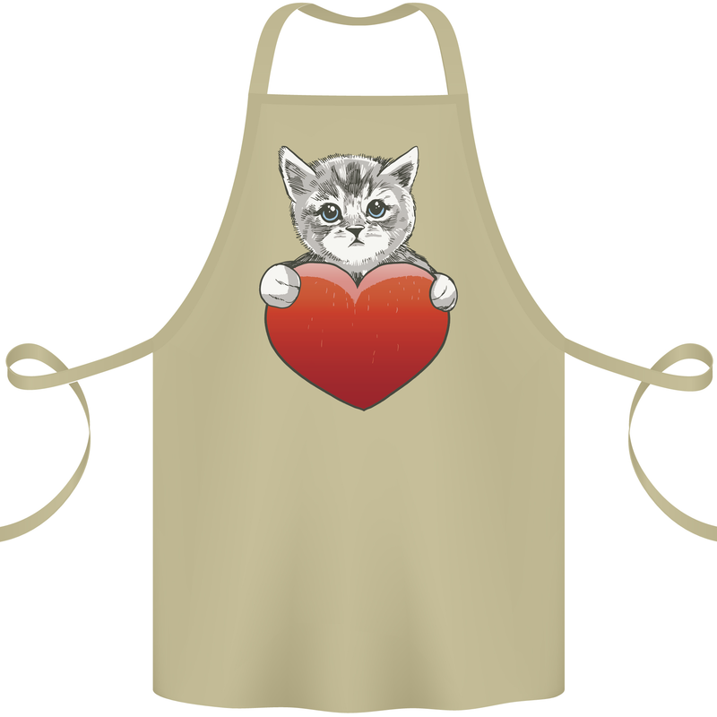 A Cute Cat With a Heart Love Valentines Day Cotton Apron 100% Organic Khaki