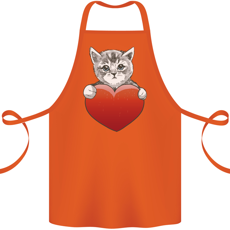 A Cute Cat With a Heart Love Valentines Day Cotton Apron 100% Organic Orange