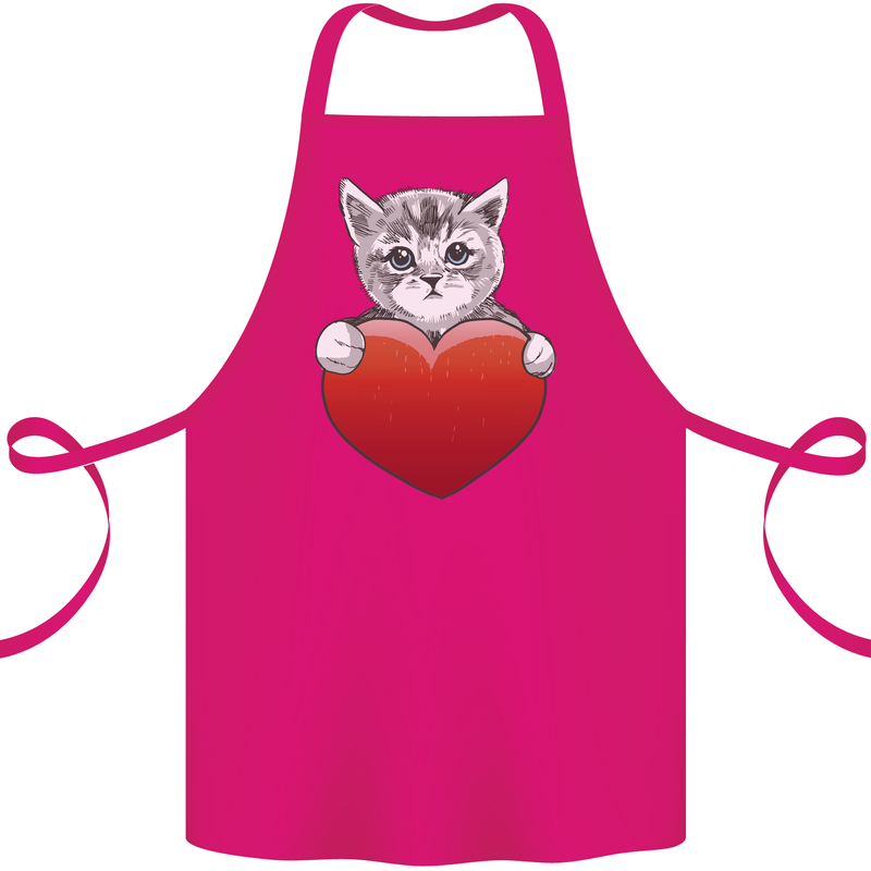 A Cute Cat With a Heart Love Valentines Day Cotton Apron 100% Organic Pink