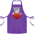 A Cute Cat With a Heart Love Valentines Day Cotton Apron 100% Organic Purple