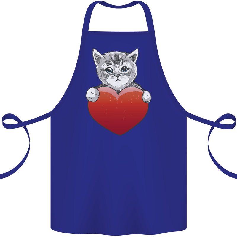 A Cute Cat With a Heart Love Valentines Day Cotton Apron 100% Organic Royal Blue