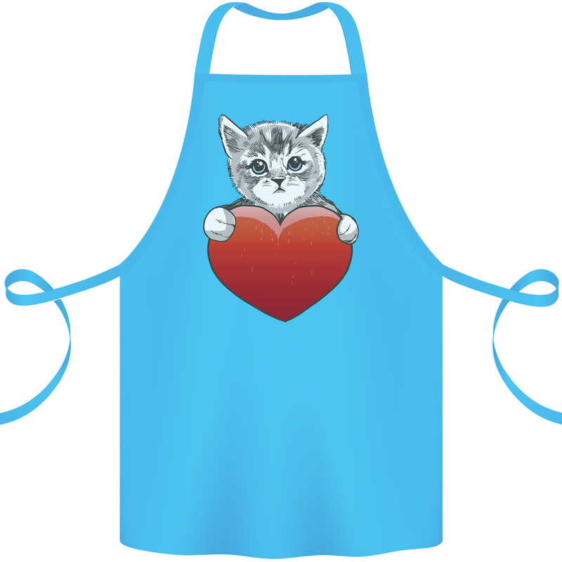 A Cute Cat With a Heart Love Valentines Day Cotton Apron 100% Organic Turquoise