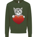 A Cute Cat With a Heart Love Valentines Day Kids Sweatshirt Jumper Forest Green