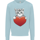 A Cute Cat With a Heart Love Valentines Day Kids Sweatshirt Jumper Light Blue