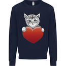 A Cute Cat With a Heart Love Valentines Day Kids Sweatshirt Jumper Navy Blue