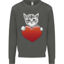 A Cute Cat With a Heart Love Valentines Day Kids Sweatshirt Jumper Storm Grey