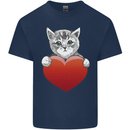 A Cute Cat With a Heart Love Valentines Day Kids T-Shirt Childrens Navy Blue