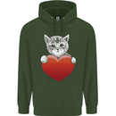 A Cute Cat With a Heart Love Valentines Day Mens 80% Cotton Hoodie Forest Green