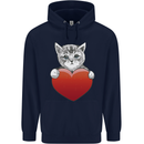 A Cute Cat With a Heart Love Valentines Day Mens 80% Cotton Hoodie Navy Blue