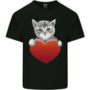 A Cute Cat With a Heart Love Valentines Day Mens Cotton T-Shirt Tee Top Black