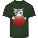 A Cute Cat With a Heart Love Valentines Day Mens Cotton T-Shirt Tee Top Forest Green