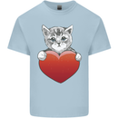 A Cute Cat With a Heart Love Valentines Day Mens Cotton T-Shirt Tee Top Light Blue