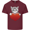 A Cute Cat With a Heart Love Valentines Day Mens Cotton T-Shirt Tee Top Maroon