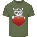 A Cute Cat With a Heart Love Valentines Day Mens Cotton T-Shirt Tee Top Military Green