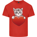 A Cute Cat With a Heart Love Valentines Day Mens Cotton T-Shirt Tee Top Red