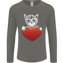 A Cute Cat With a Heart Love Valentines Day Mens Long Sleeve T-Shirt Charcoal