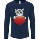 A Cute Cat With a Heart Love Valentines Day Mens Long Sleeve T-Shirt Navy Blue