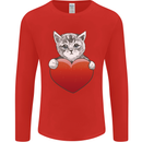 A Cute Cat With a Heart Love Valentines Day Mens Long Sleeve T-Shirt Red