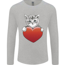A Cute Cat With a Heart Love Valentines Day Mens Long Sleeve T-Shirt Sports Grey