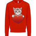 A Cute Cat With a Heart Love Valentines Day Mens Sweatshirt Jumper Bright Red