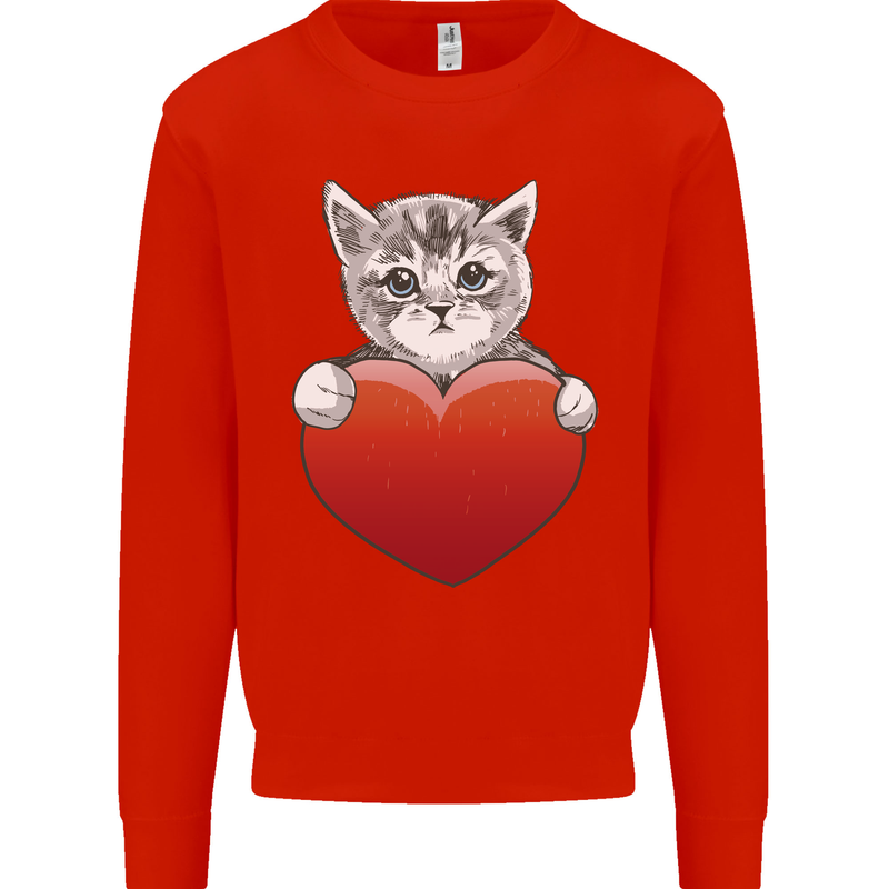 A Cute Cat With a Heart Love Valentines Day Mens Sweatshirt Jumper Bright Red