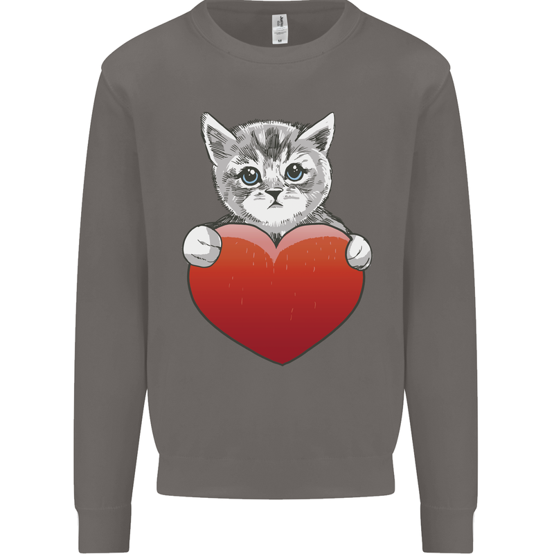 A Cute Cat With a Heart Love Valentines Day Mens Sweatshirt Jumper Charcoal